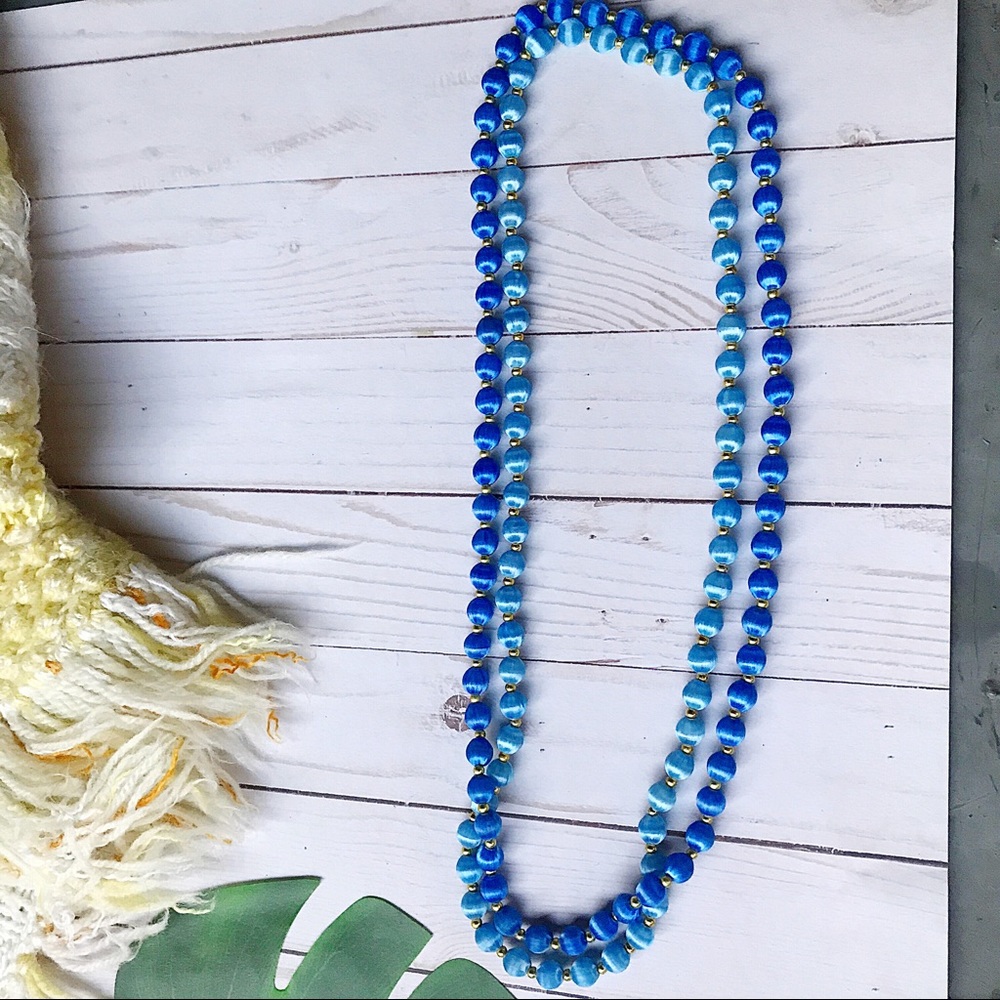 (2) 60's String Art Ocean Blue Beaded Necklace - Picture 4 of 5
